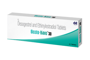 Pack of Gesto-Kare 30 contraceptive pills by DKT India, Desogestrel and Ethinylestradiol tablets, 21 tablets pack.
